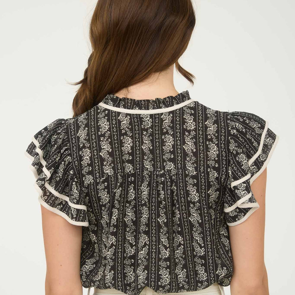 
                      
                        Stripe Floral Pattern Tie Front Ruffle Top
                      
                    