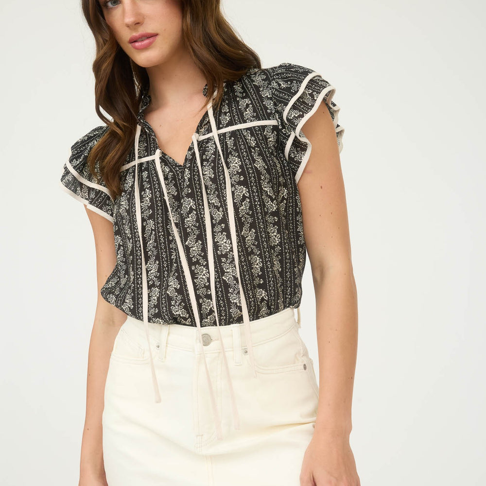 Stripe Floral Pattern Tie Front Ruffle Top