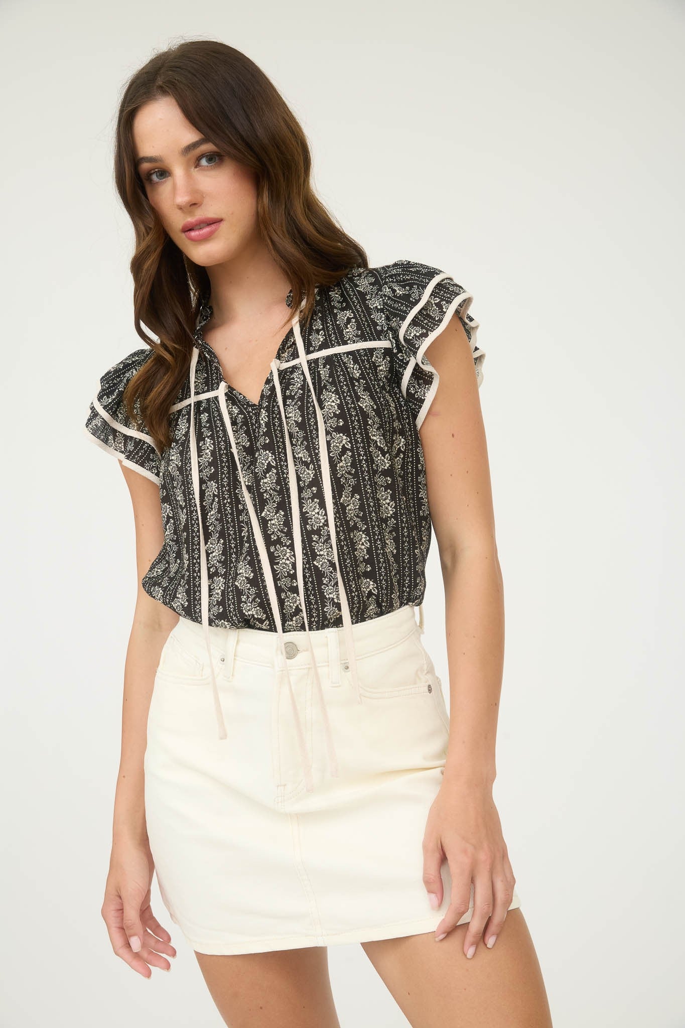 Stripe Floral Pattern Tie Front Ruffle Top