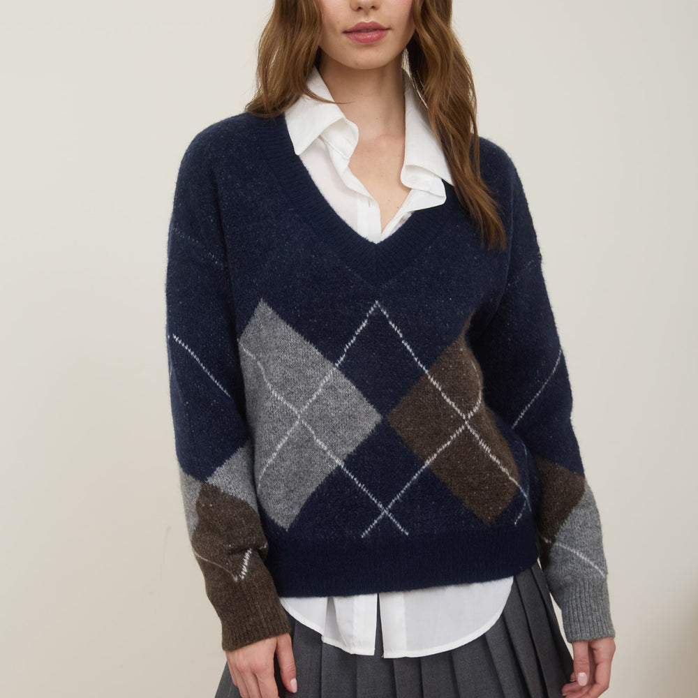 Argyle V Neck Long Sleeve Pullover Sweater