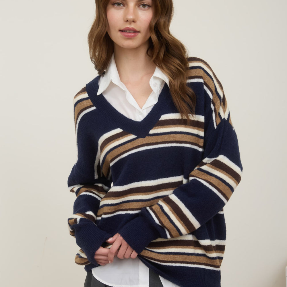 
                      
                        Multicolor Stripe V Neck Long Sleeve Knit Sweater
                      
                    