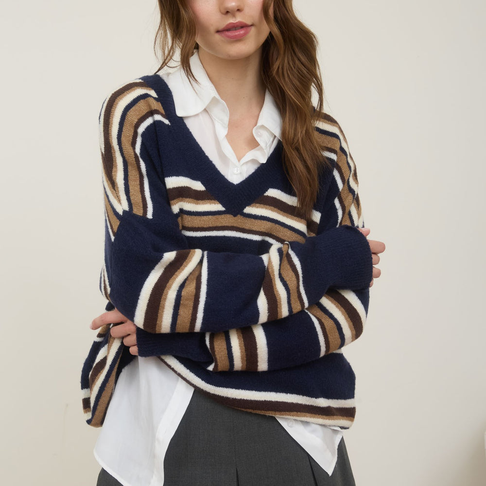 
                      
                        Multicolor Stripe V Neck Long Sleeve Knit Sweater
                      
                    