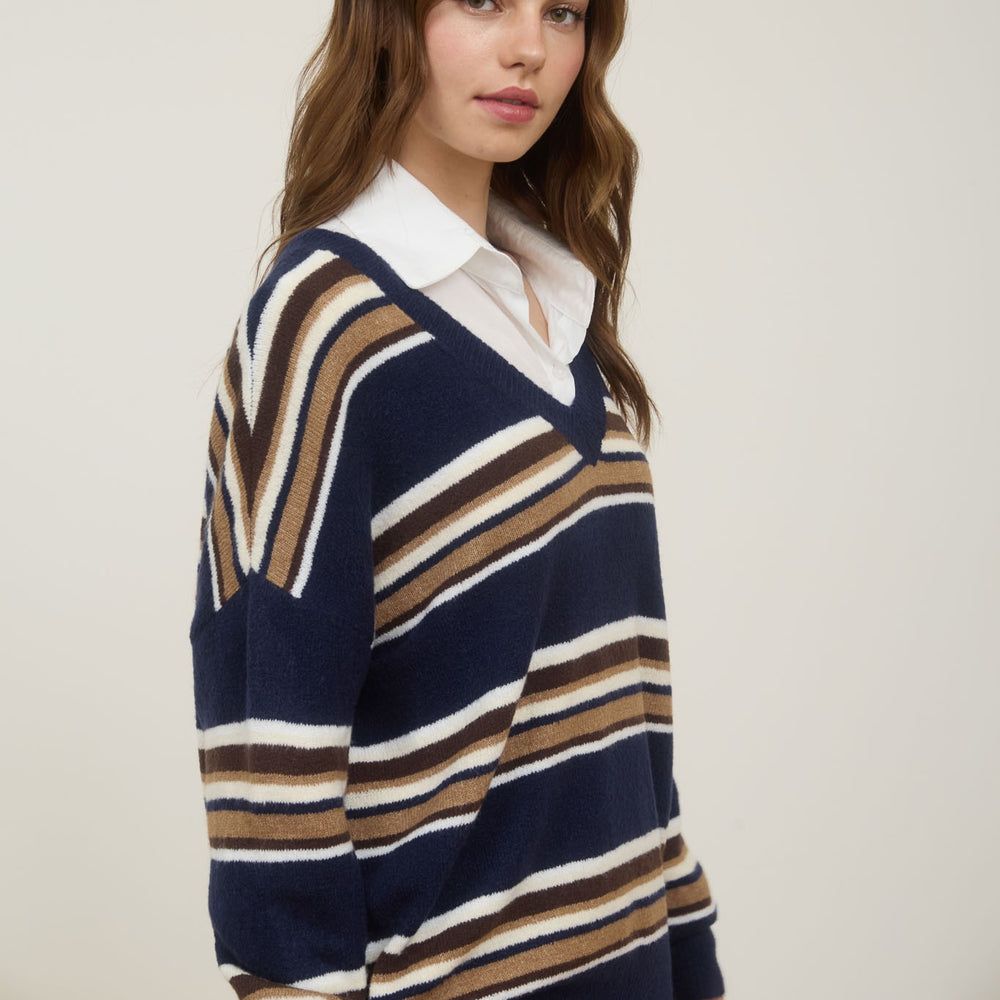 
                      
                        Multicolor Stripe V Neck Long Sleeve Knit Sweater
                      
                    