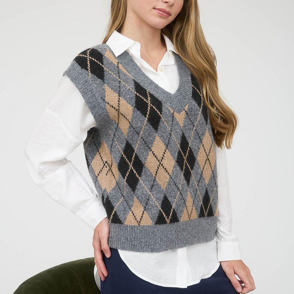 Argyle V Neck Sleeveless Knit Pullover Vest