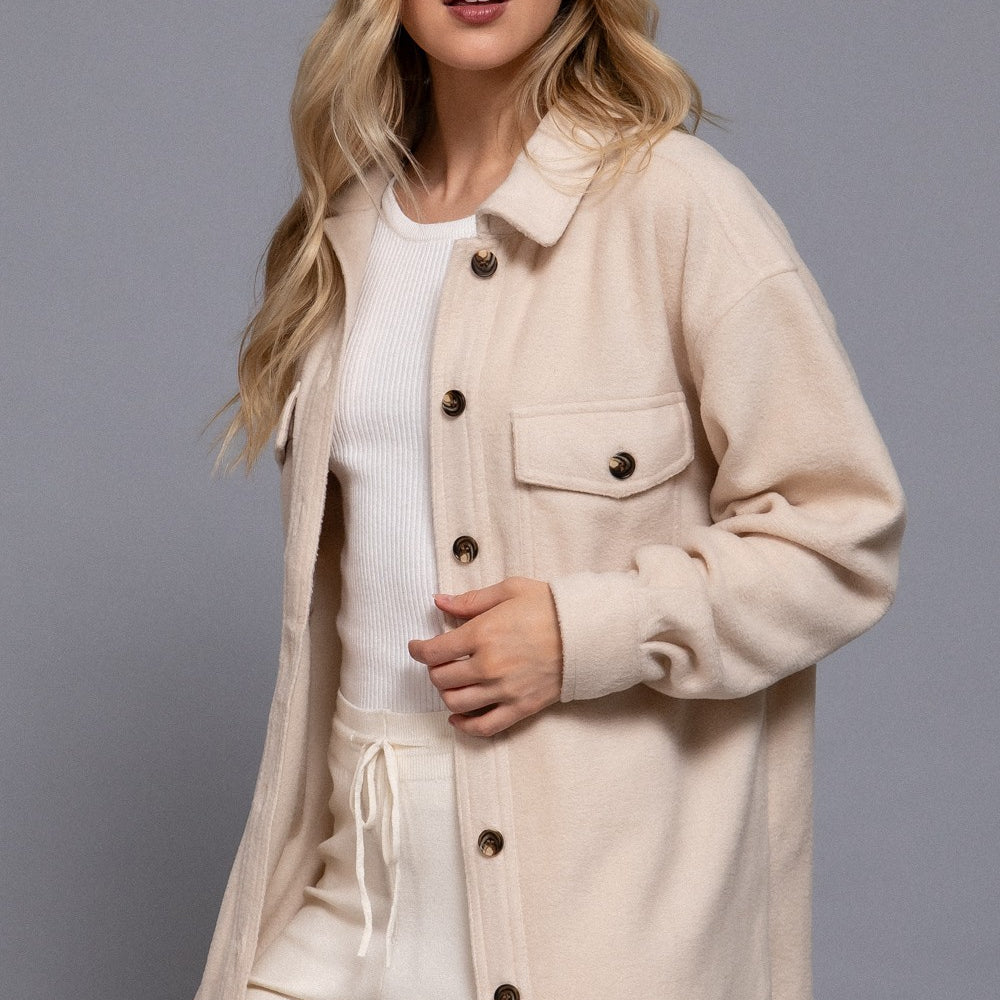 Long Slv Notched Collar Front Pocket Fleece Jacket