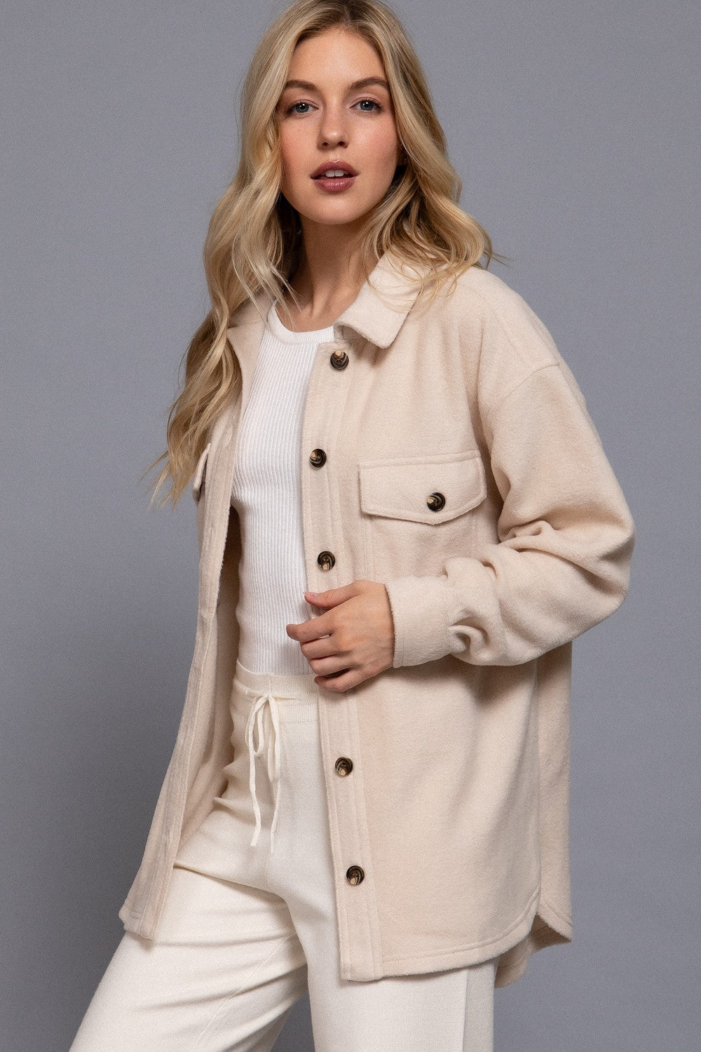 Long Slv Notched Collar Front Pocket Fleece Jacket