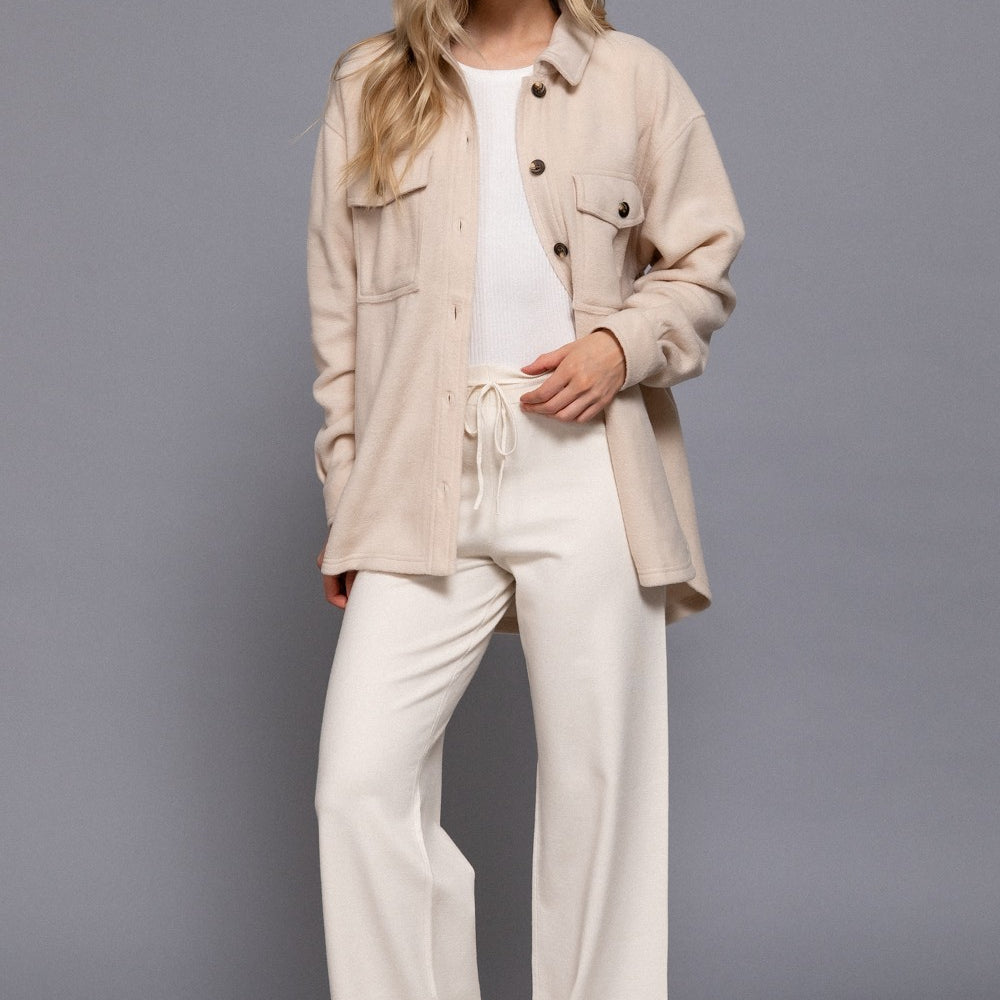 Long Slv Notched Collar Front Pocket Fleece Jacket