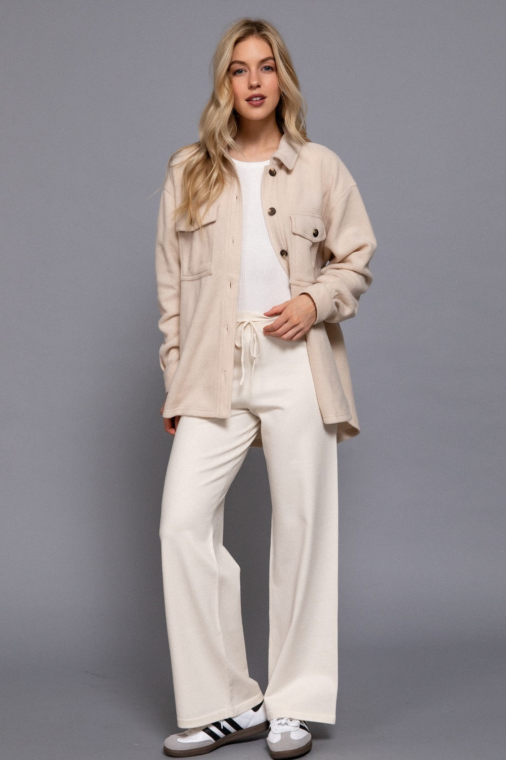 Long Slv Notched Collar Front Pocket Fleece Jacket
