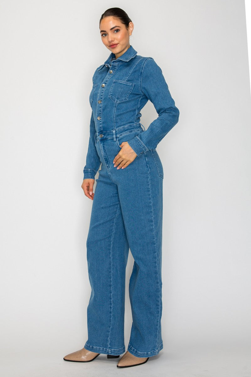 Wide Leg Button Denim Jumpsuit