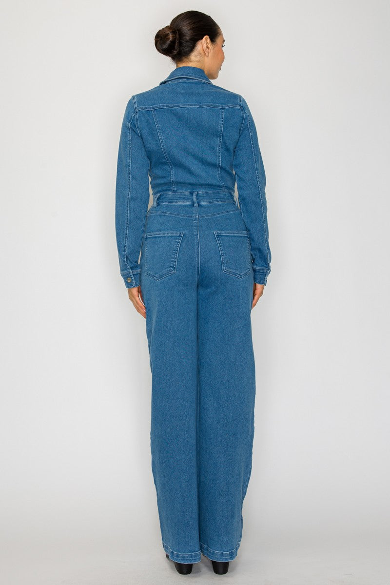 Wide Leg Button Denim Jumpsuit