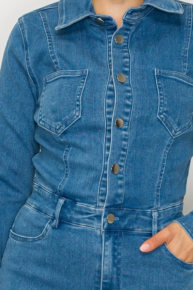 
                      
                        Wide Leg Button Denim Jumpsuit
                      
                    