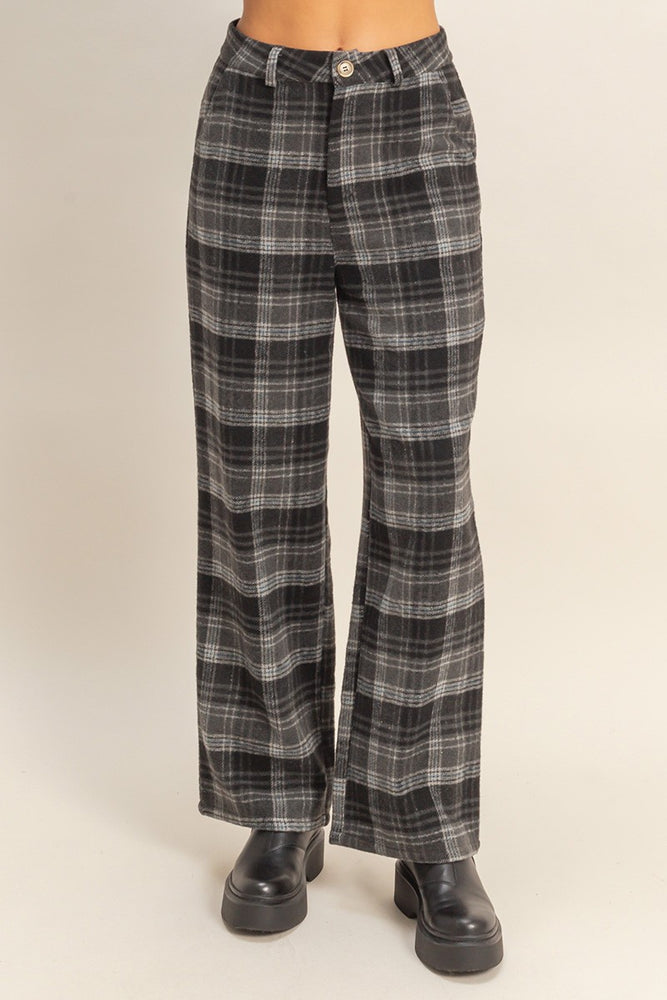 Plaid Mid Rise Straight Leg Pants
