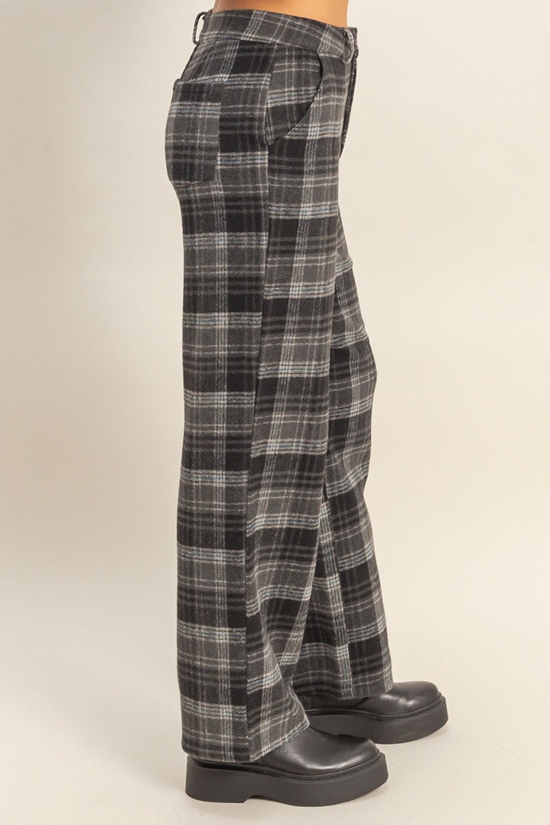Plaid Mid Rise Straight Leg Pants