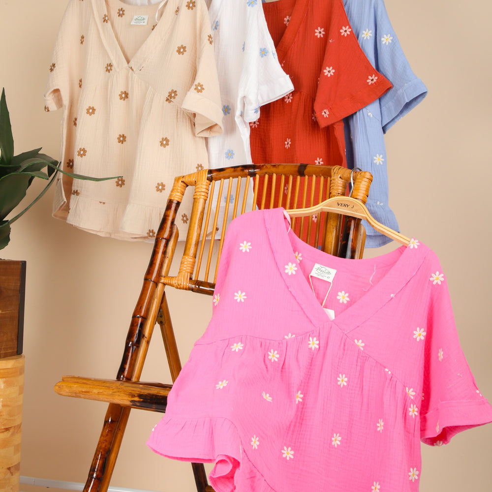Flower Embroidered Woven Blouse Top