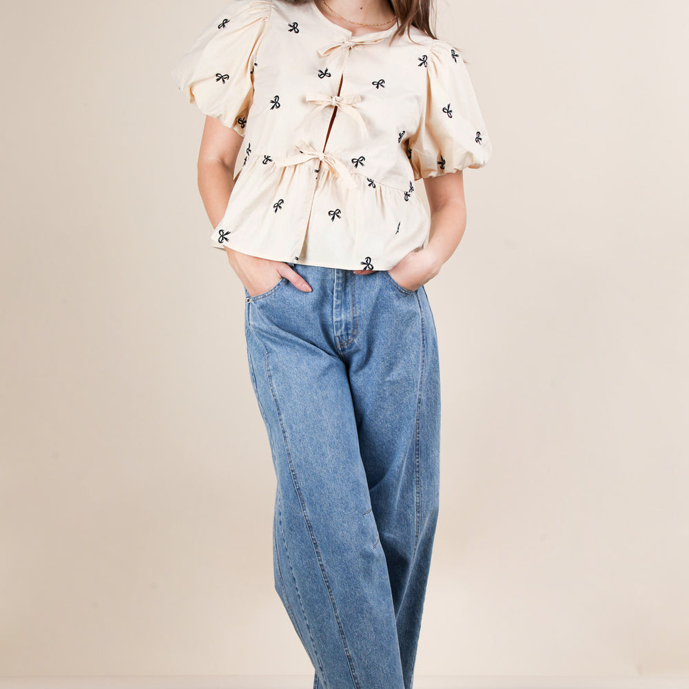Front Tie Bow Embroidered Blouse Top