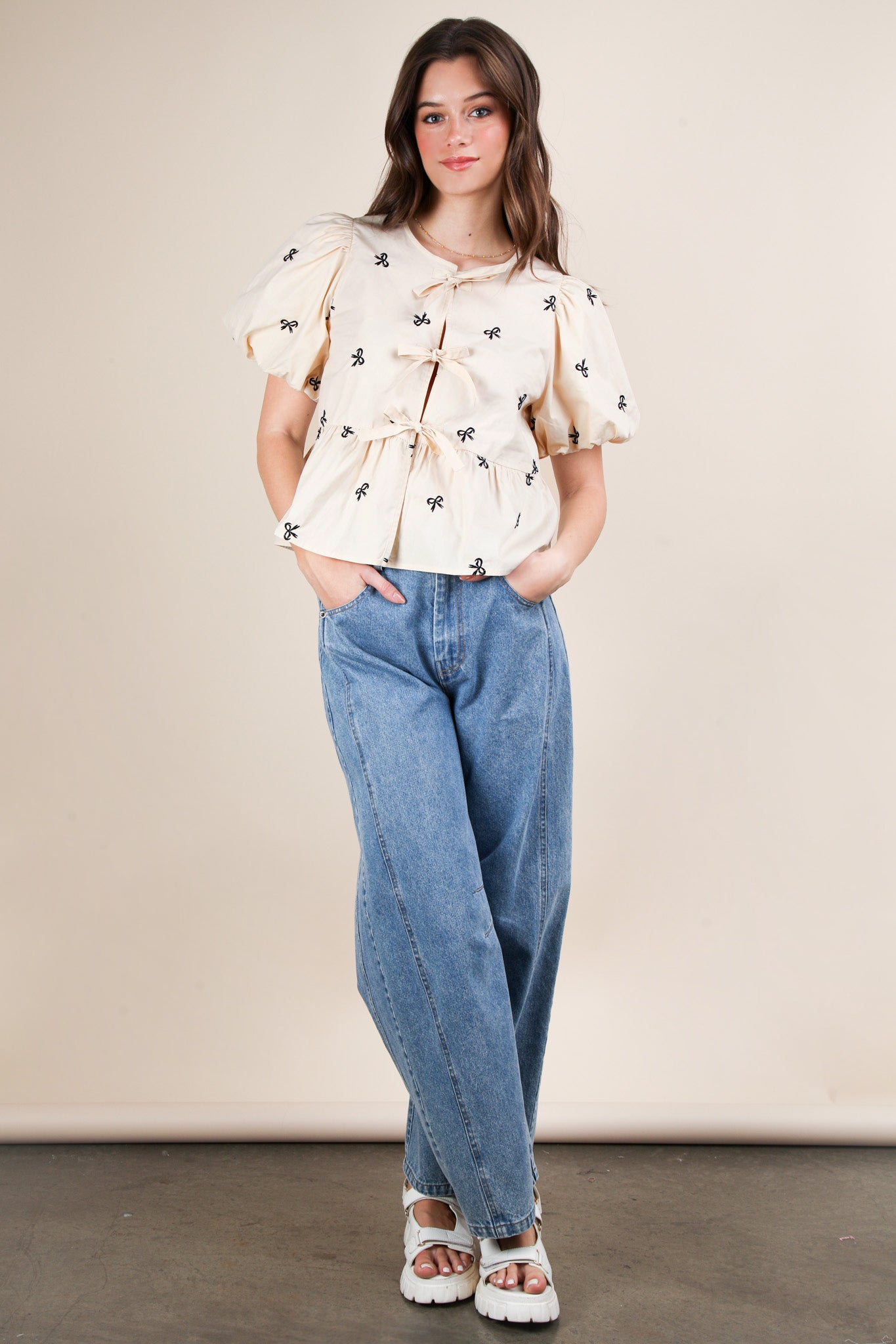 Front Tie Bow Embroidered Blouse Top