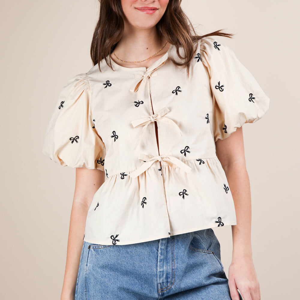 Front Tie Bow Embroidered Blouse Top