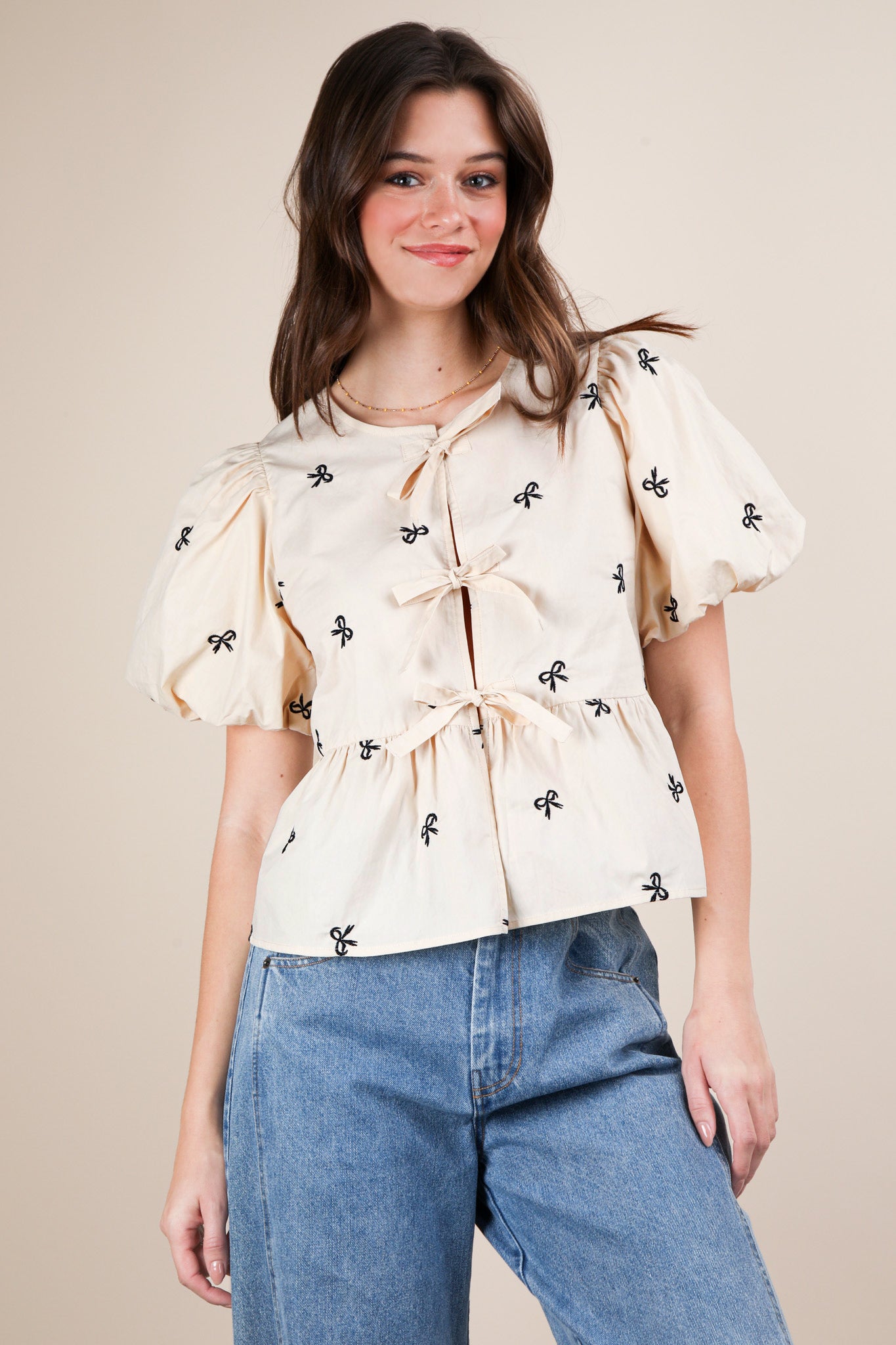 Front Tie Bow Embroidered Blouse Top