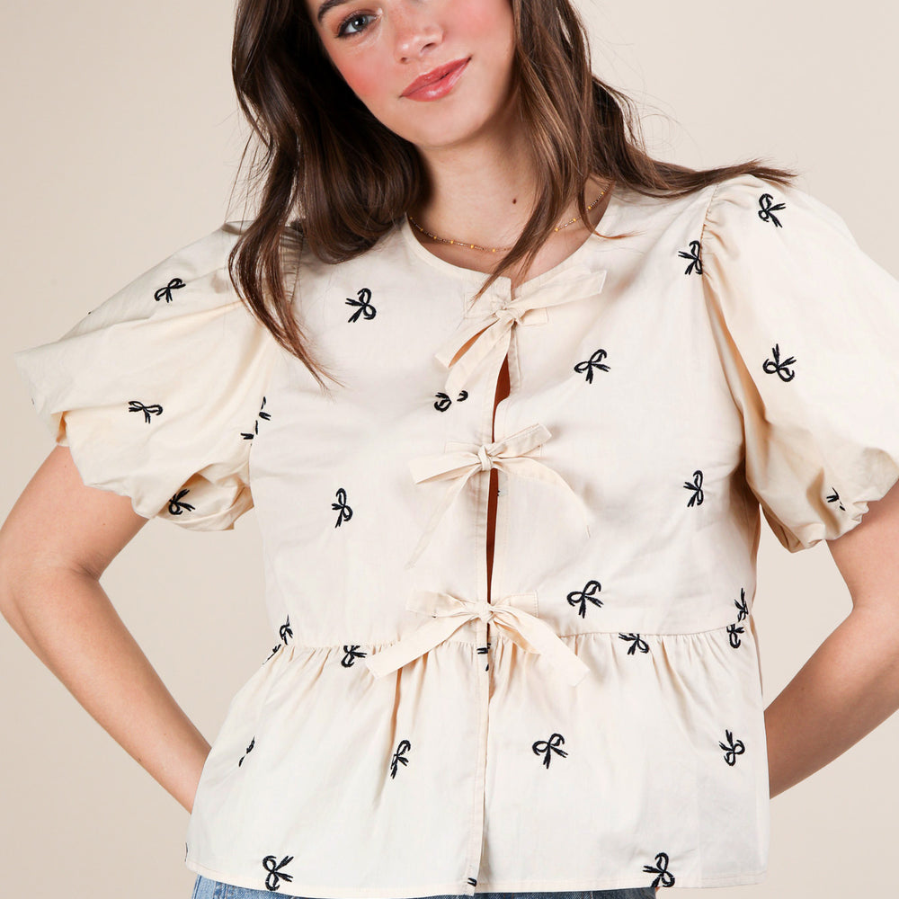 Front Tie Bow Embroidered Blouse Top