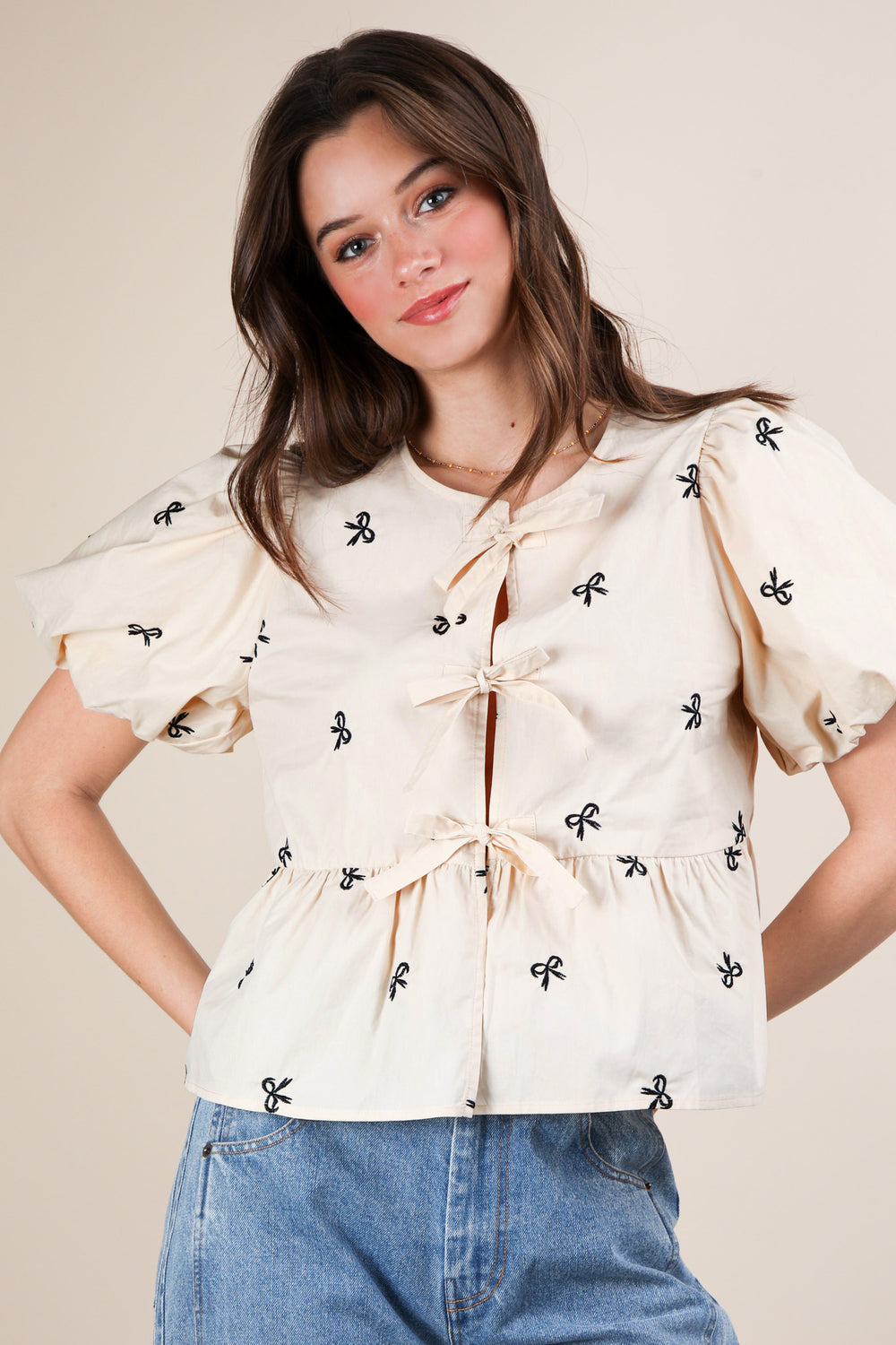 Front Tie Bow Embroidered Blouse Top