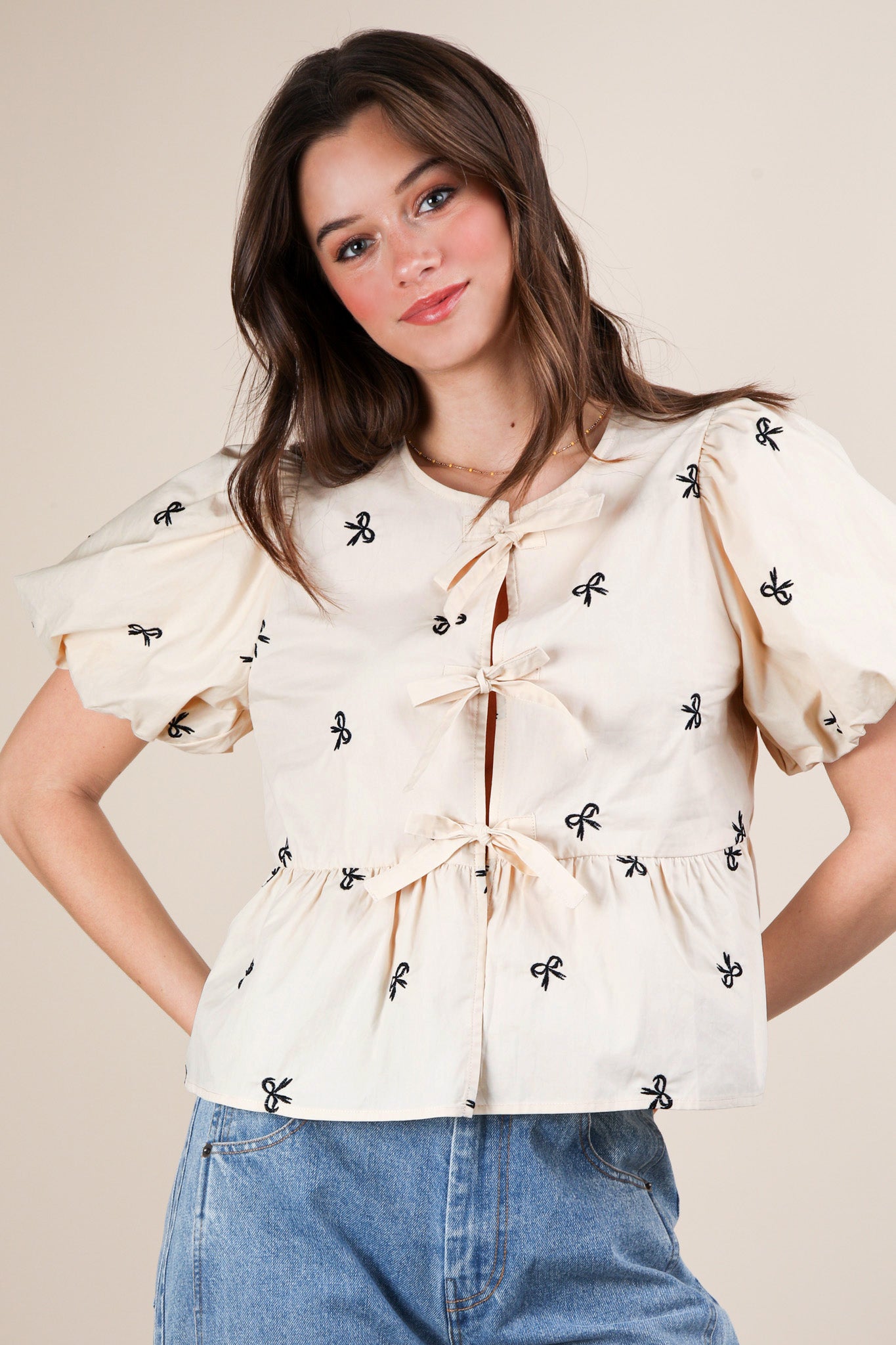 Front Tie Bow Embroidered Blouse Top