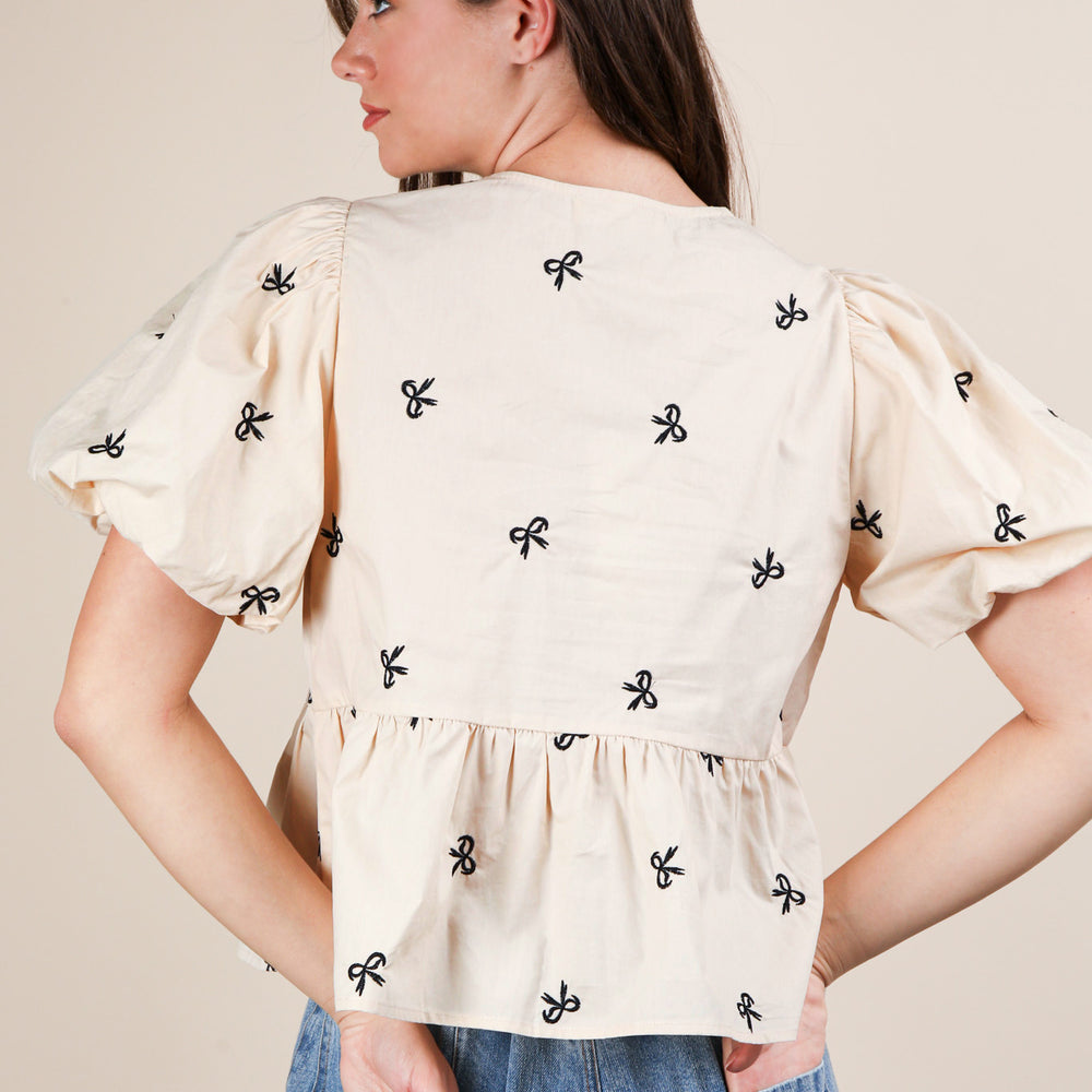 
                      
                        Front Tie Bow Embroidered Blouse Top
                      
                    