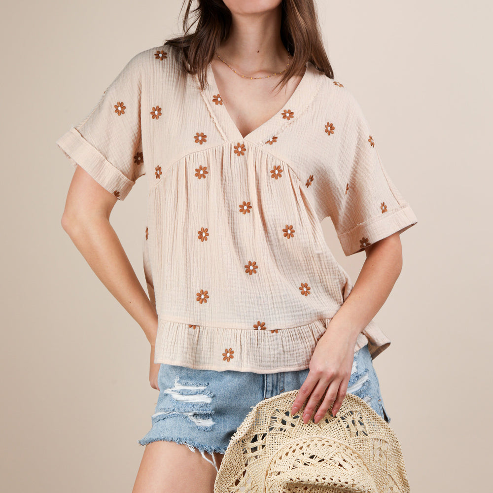 Flower Embroidered Woven Blouse Top