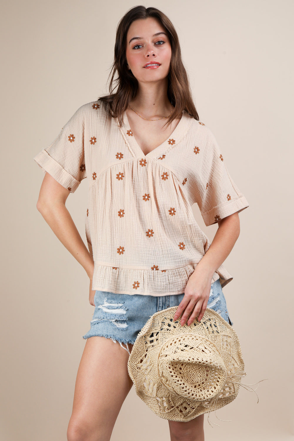 Flower Embroidered Woven Blouse Top