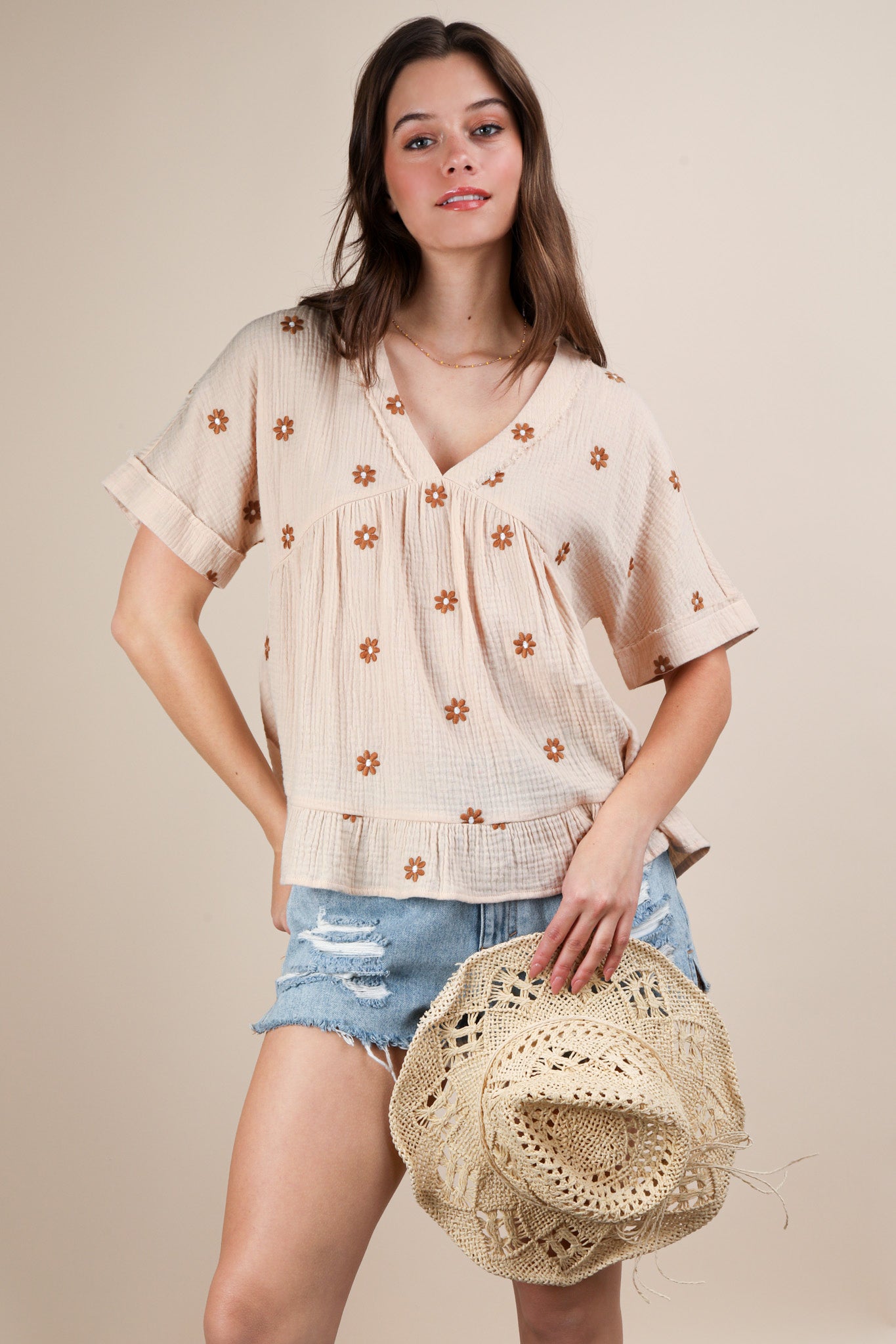 Flower Embroidered Woven Blouse Top