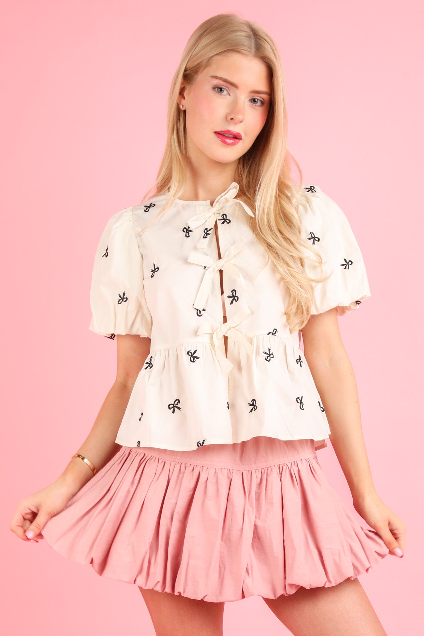 Front Tie Bow Embroidered Blouse Top