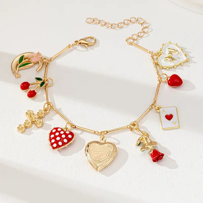 Cherry Strawberry Heart Charm Bracelet