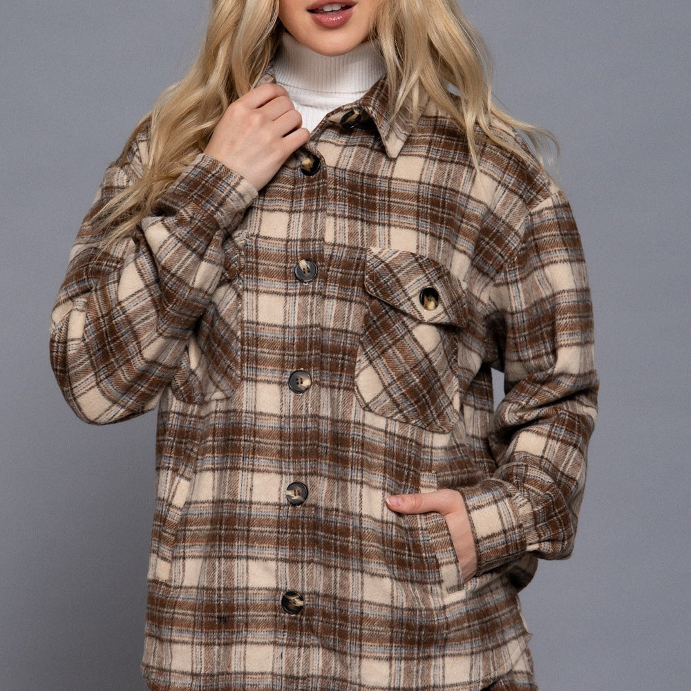 Long Sleeve Wool Blend Plaid Jacket