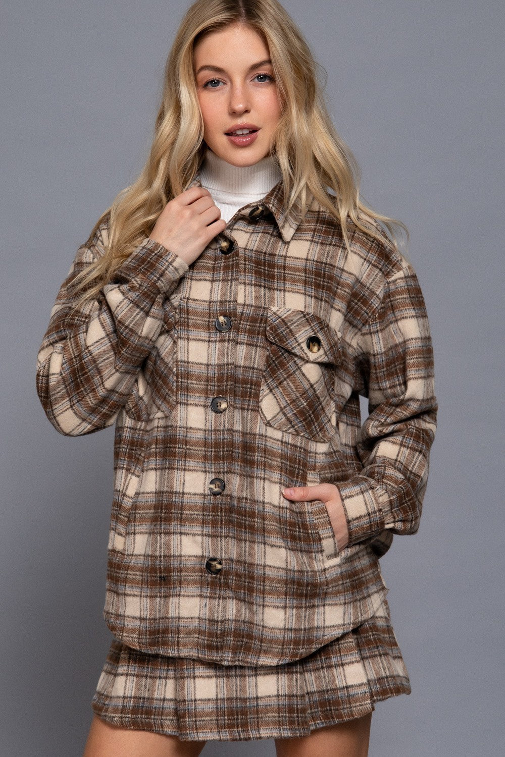 Long Sleeve Wool Blend Plaid Jacket