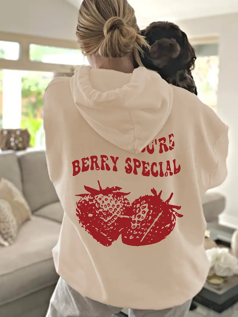 Casual Strawberry & Letter Print Hoodie