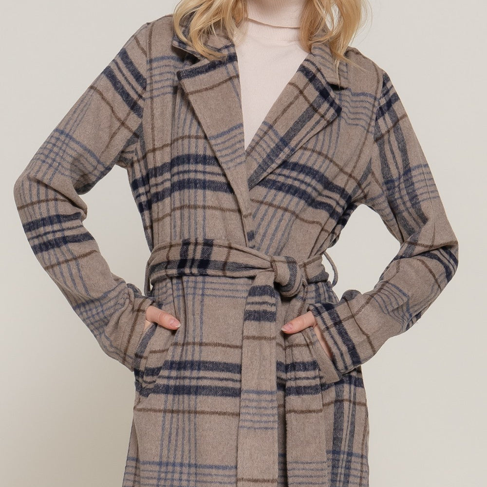 Long Sleeve Belted Plaid Woven Jacket
