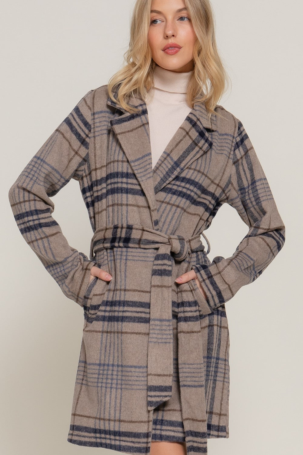 Long Sleeve Belted Plaid Woven Jacket