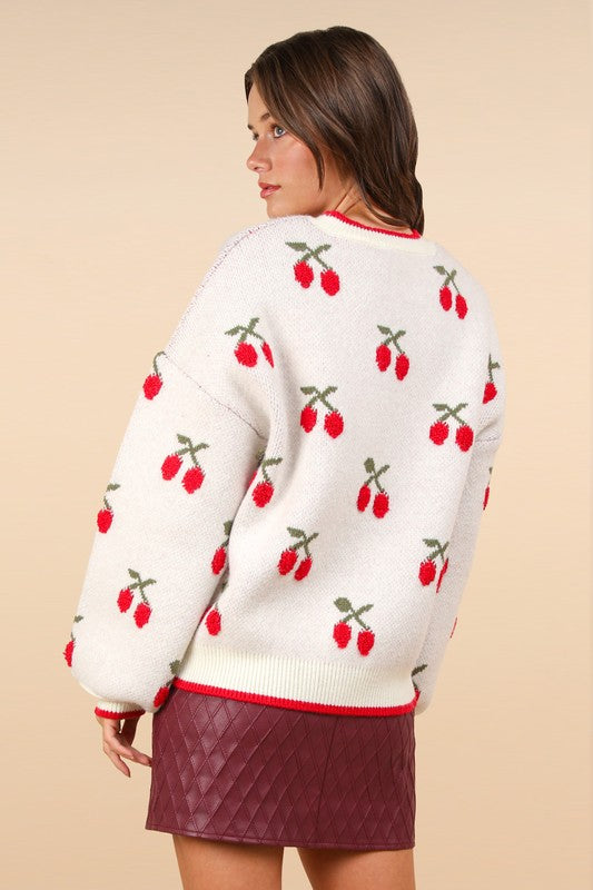 Oversized Cherry Graphic Knit Sweater Top
