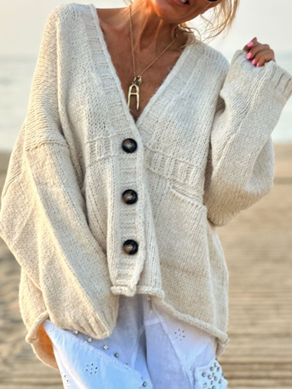 Pocketed V Neck Button Up Cardigan