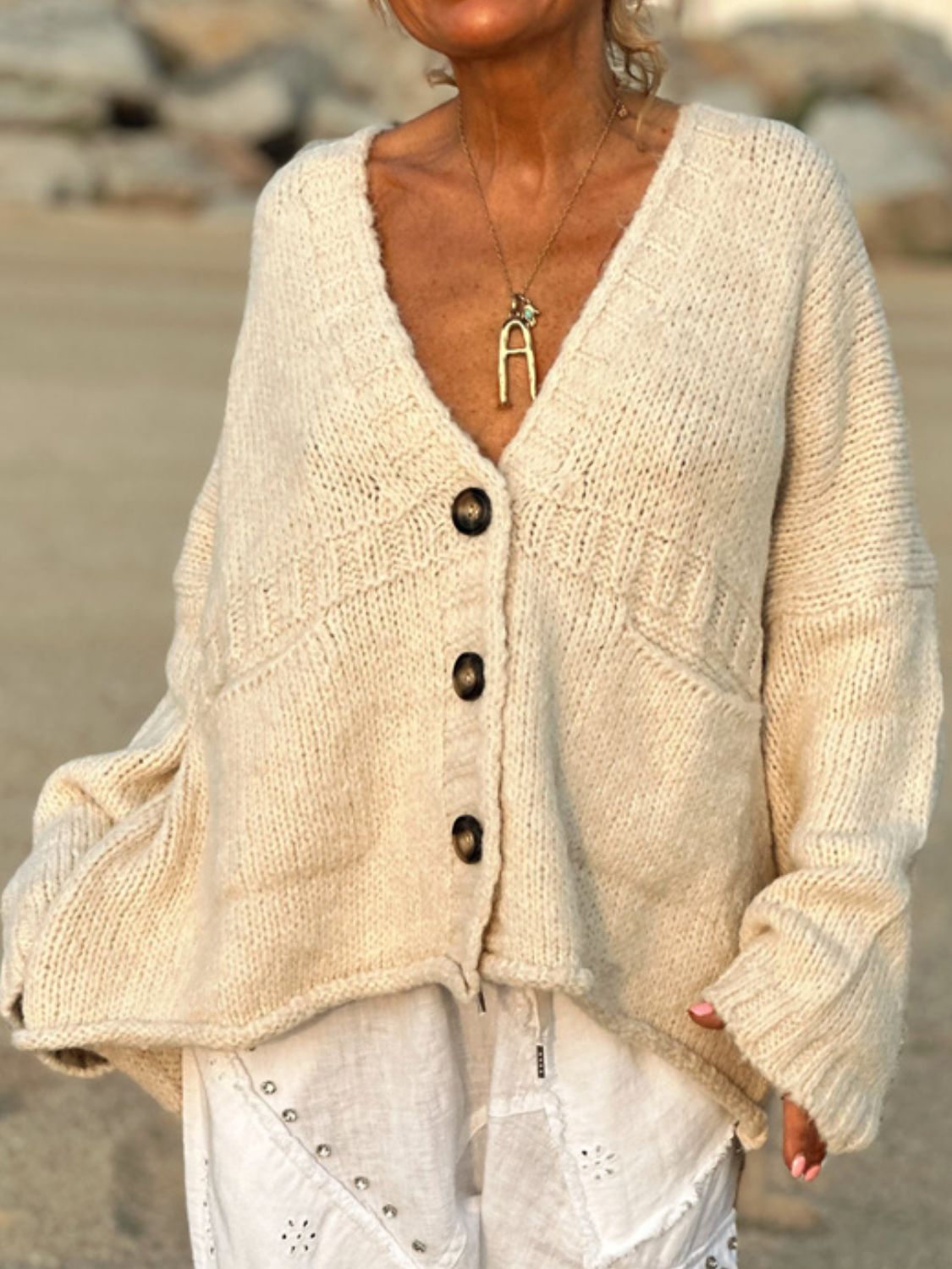 Pocketed V Neck Button Up Cardigan