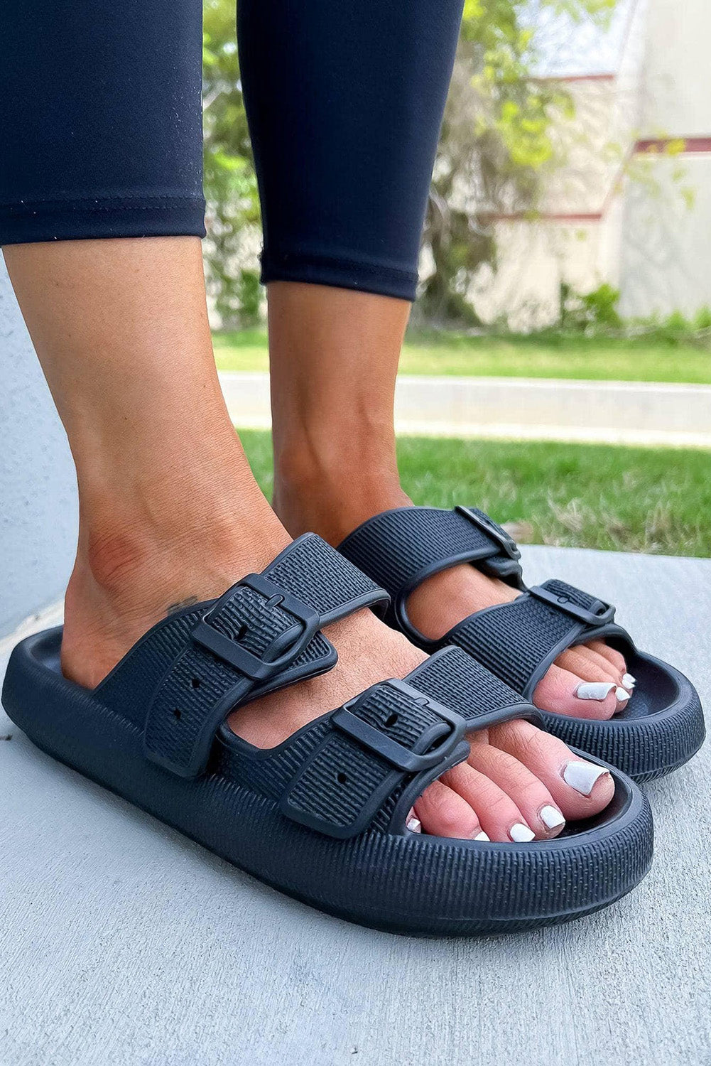 Black Adjustable Buckle Hollow Out Slippers