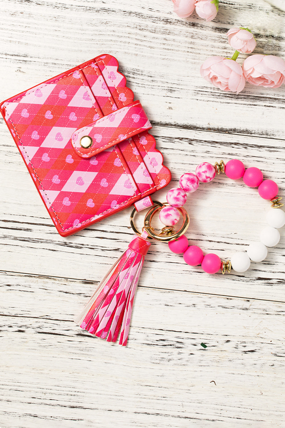 Rose Red Fashion PU Card Bag Key Chain with Silicon Bracelet