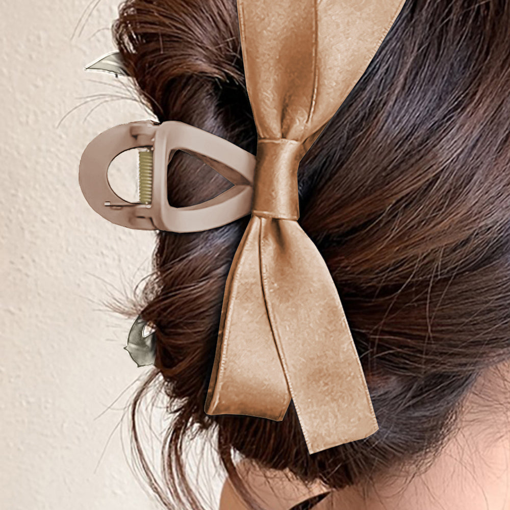 Light French Beige Bow Decor Large Hair Claw Clip