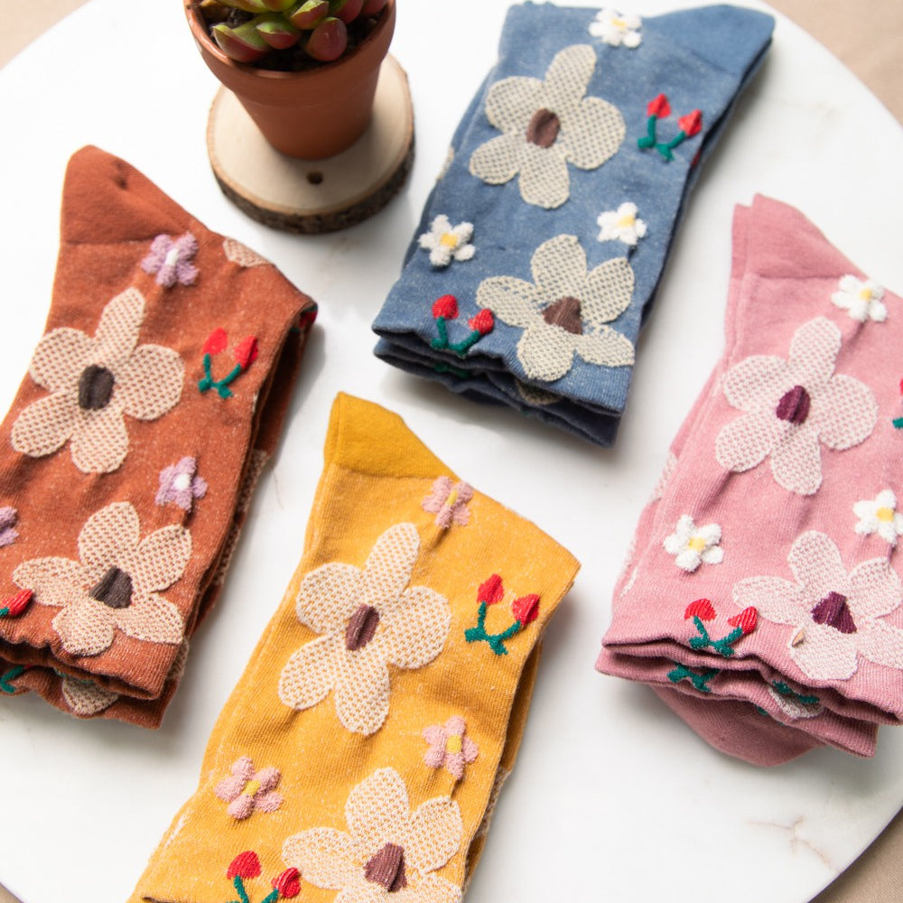 Floral Printed Texture Crew Socks