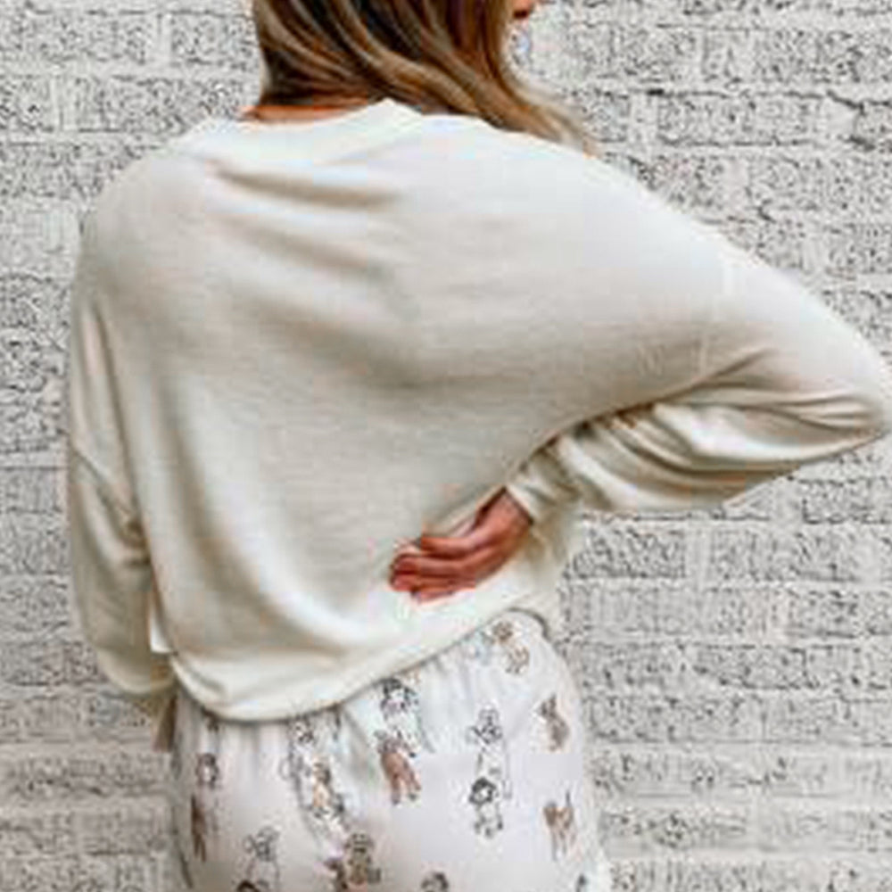 White Long Sleeve Letters Pullover and Animal Shorts Lounge Set