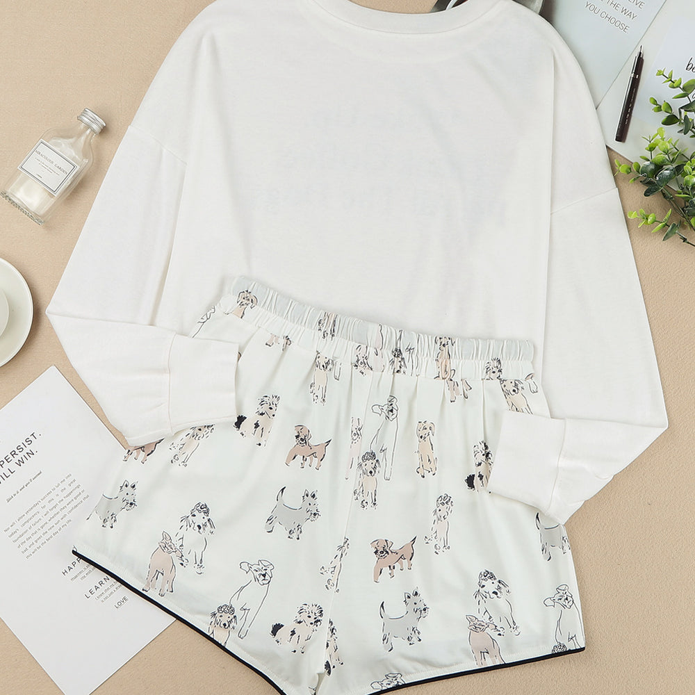 
                      
                        White Long Sleeve Letters Pullover and Animal Shorts Lounge Set
                      
                    