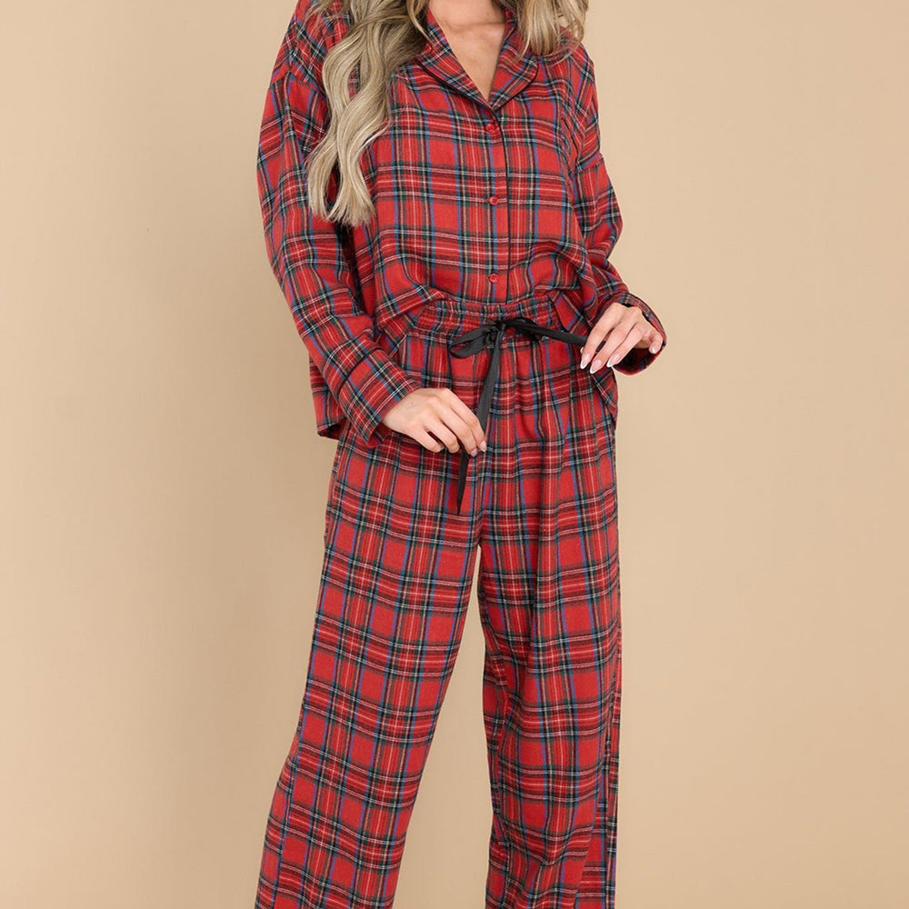 
                      
                        Fiery Red Tartan Plaid Print Long Sleeve Shirt and Pants Pajama Set
                      
                    