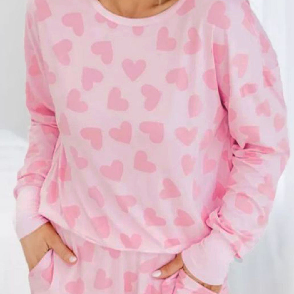 Pink Heart Shape Print Long Sleeve Top Shorts Lounge Set