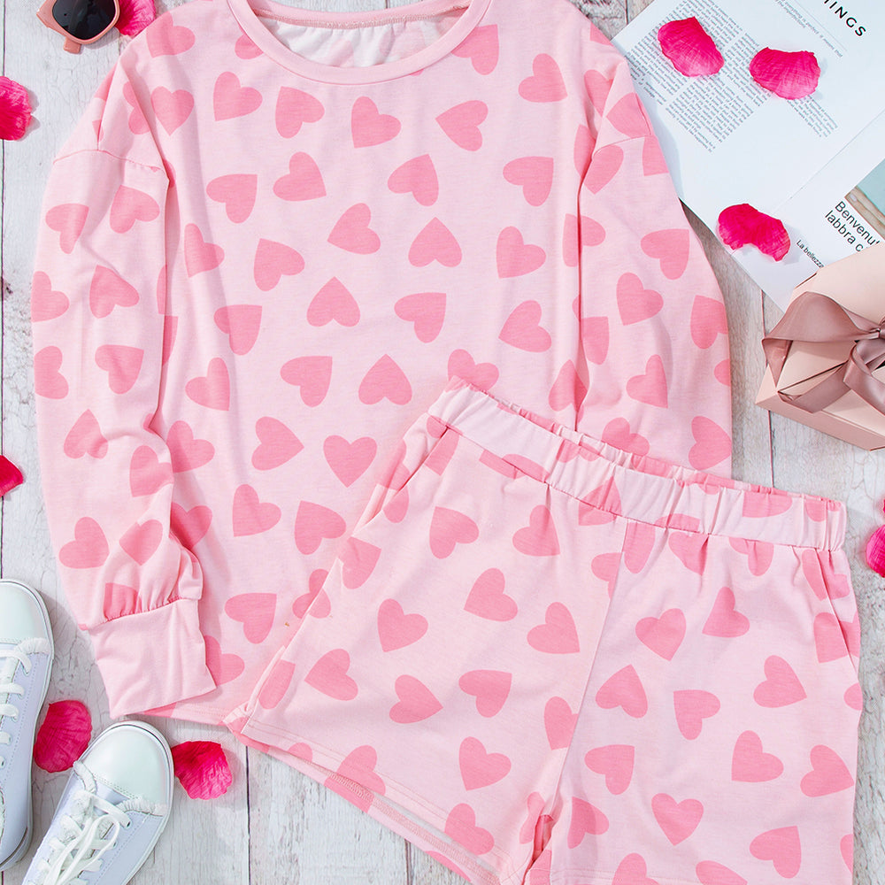 Pink Heart Shape Print Long Sleeve Top Shorts Lounge Set