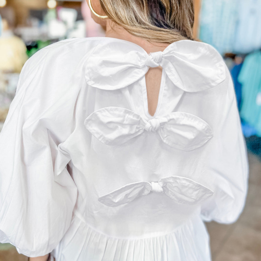 White Bow Knot Cutout Back Loose Fit 3/4 Sleeve Blouse