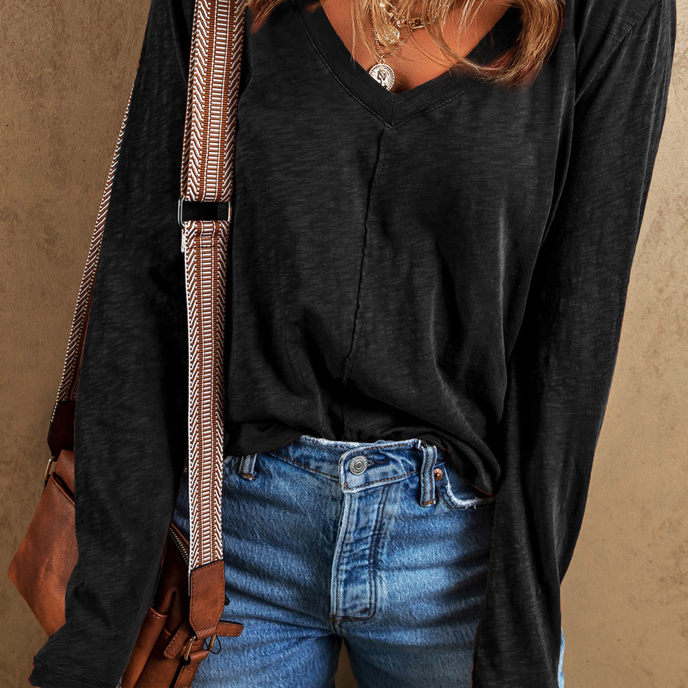 Black V Neck Center Seam Long Sleeve Tee